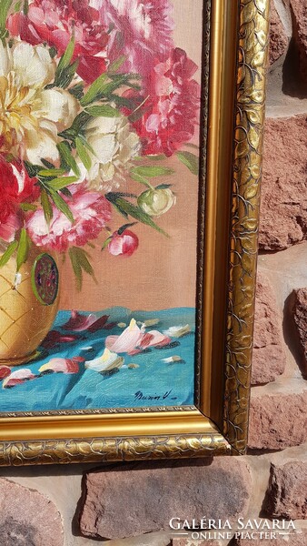 Murin Vilmos: Pünkösdi rózsa, olaj, farost, falc 55 x 75 cm ,elit képkeret. Csendélet, festmény
