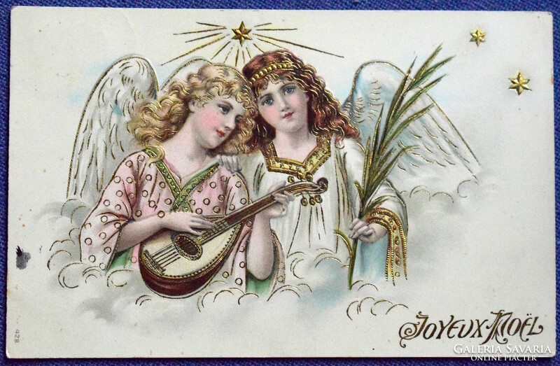 Antik arannyal préselt Karácsonyi üdvözlő képeslap - zenélő angyalok  1905ből