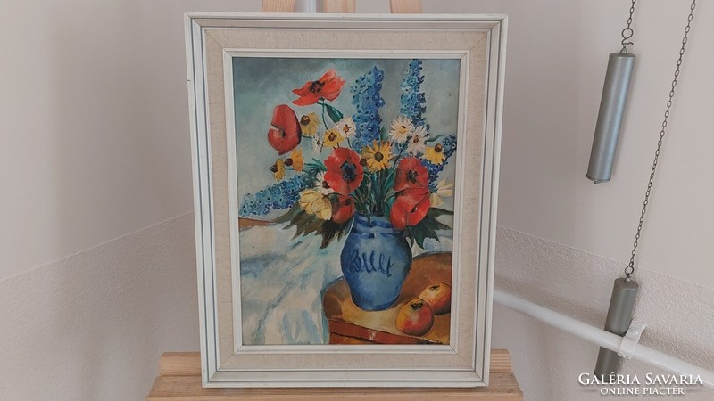 (K) Szép szignózott virágcsendélet festmény 39x48 cm kerettel