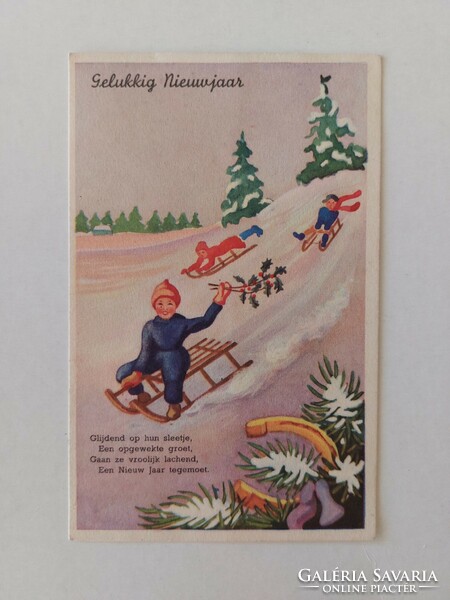 Régi képeslap 1941 karácsonyi levelezőlap szánkózó gyerekek