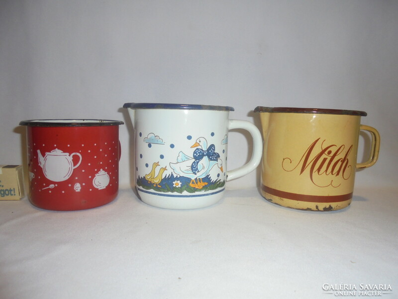 Three old, retro enamel mugs - together - folk, peasant decoration