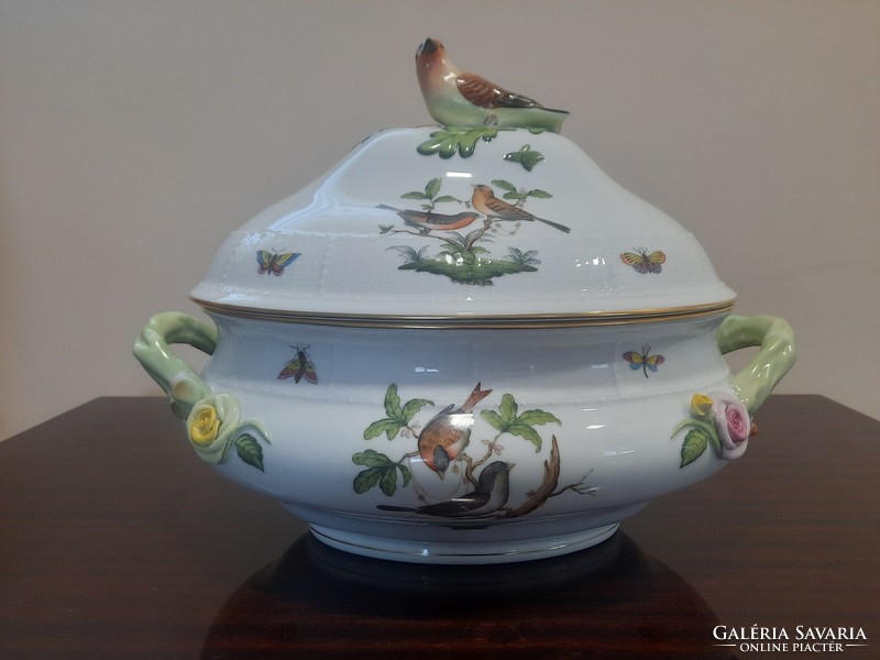 12 személyes Herendi porcelán Rothschild mintás madár fogós leveses tál