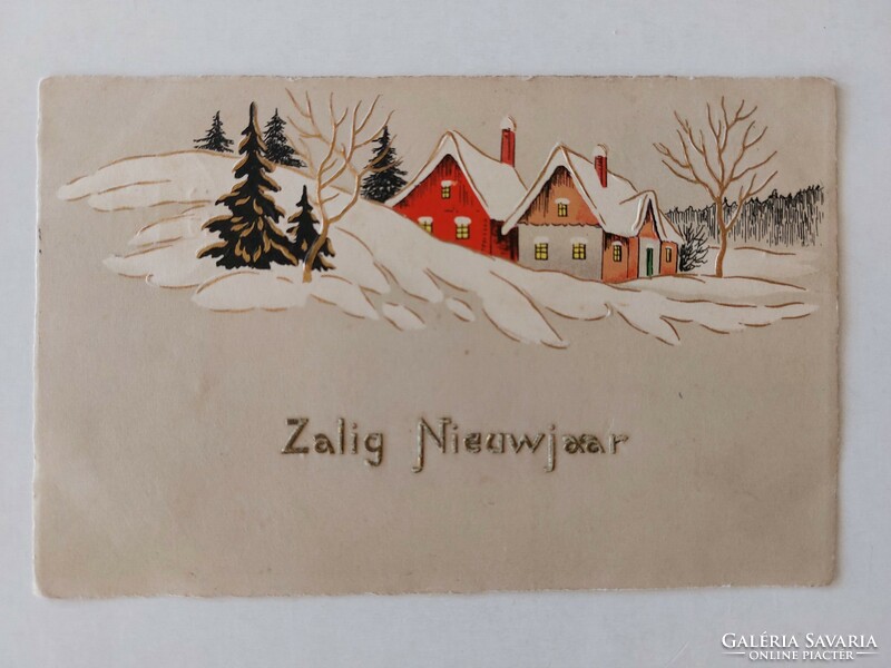 Old Christmas card 1932 postcard snowy landscape cottages
