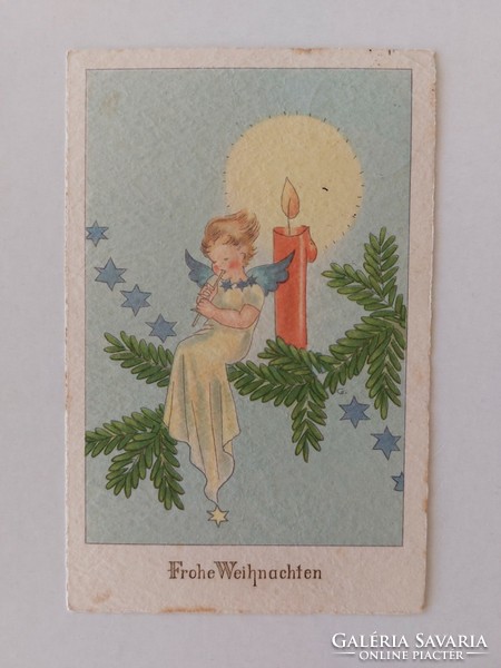 Régi képeslap karácsonyi levelezőlap furulyázó angyalka