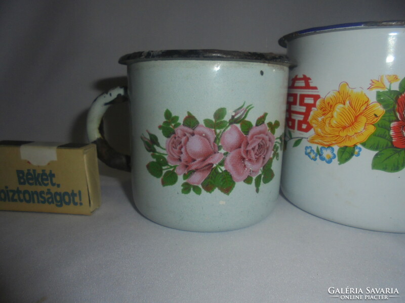 Five old, retro, floral enamel mugs - together - folk, peasant decoration