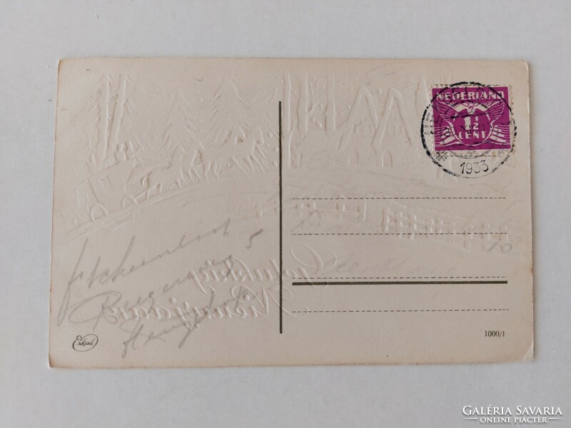 Régi képeslap 1933 karácsonyi dombornyomott levelezőlap lovas hintó