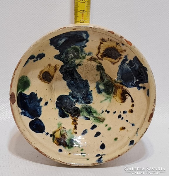 Folk ceramic wall plate with blue, green, brown glaze spots, off-white glaze (2798)