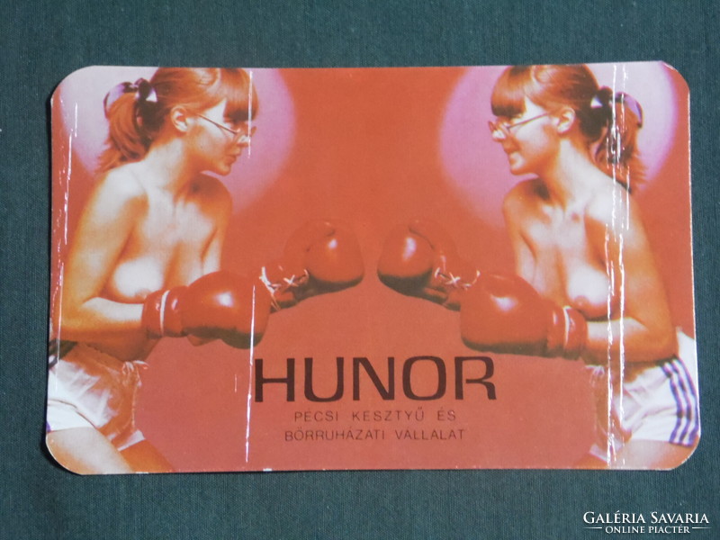 Card calendar, Pécs glove factory, boxing gloves, erotic female nude model, 1985