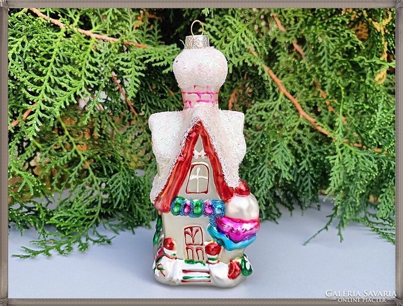 Beautiful, colorful, painted, large, house-shaped, glass Christmas tree decoration.