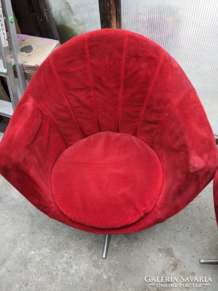 2 red velvet retro swivel armchairs