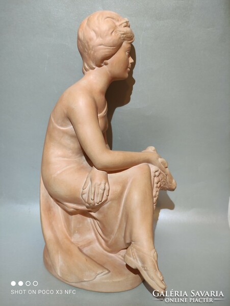 Now it's worth taking! Kelemen Kristóf seated woman with mirror terracotta statue 34.5 cm