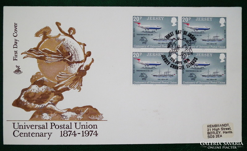 1974. Great Britain - jersey - 4pc fdc - 100 years upu, postal vehicles stamped with blocks of four