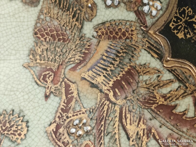 Hatalmas talpas kétfüles gazdagon aranyozott színes jelenetes antik kínai porcelán tál