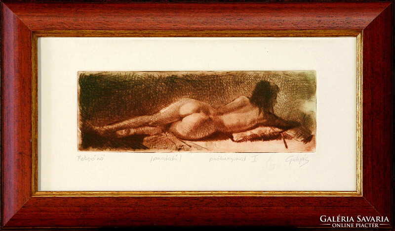 Gulyás László: Reclining nude - framed 21x35 cm - artwork 8x22 cm