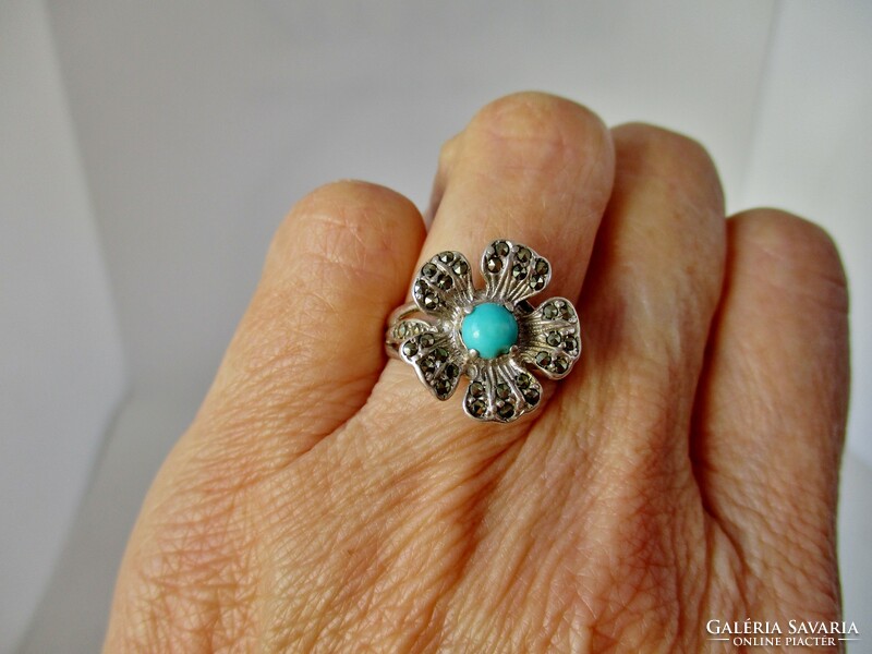 Csodás régi  valódi türkiz virág ezüst gyűrű