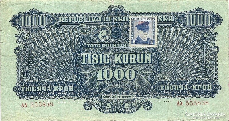 1000 korun korona 1944 VH. bélyeggel Csehszlovákia Tükör Specimen