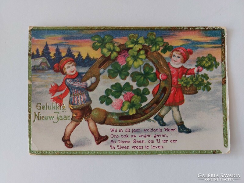Régi újévi képeslap levelezőlap gyerekek lóhere szerencsepatkó