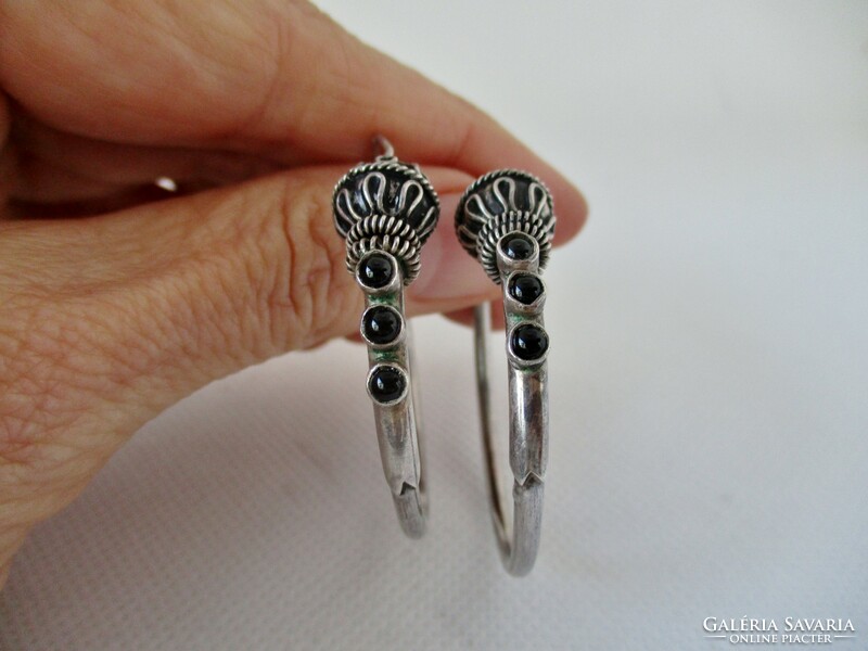 Beautiful old handmade large silver hoop earrings with onyx stones