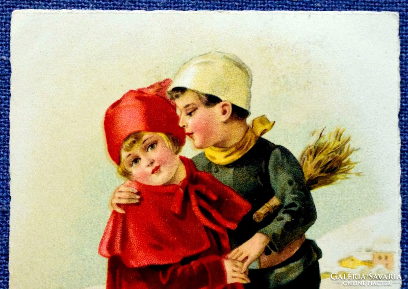 Art deco Újévi üdvözlő grafikus képeslap - piros ruhás kisleány / kéményseprő kisfiú / malac 1926