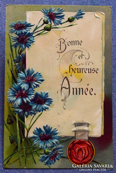 Antique embossed New Year greeting card - lucky horseshoe straw flower with parchment seal