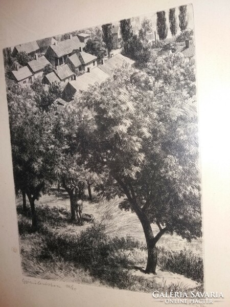 The work of András Csanády (1929 - ): etching in an orchard according to the pictures