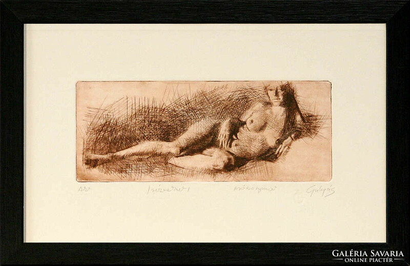 László Gulyás: Nude - framed 20x32 cm - artwork 8x20 cm