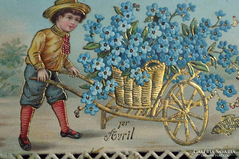 Antique embossed lace-edged postcard - little boy golden wheelbarrow forget-me-not goldfish April 1, 1907From
