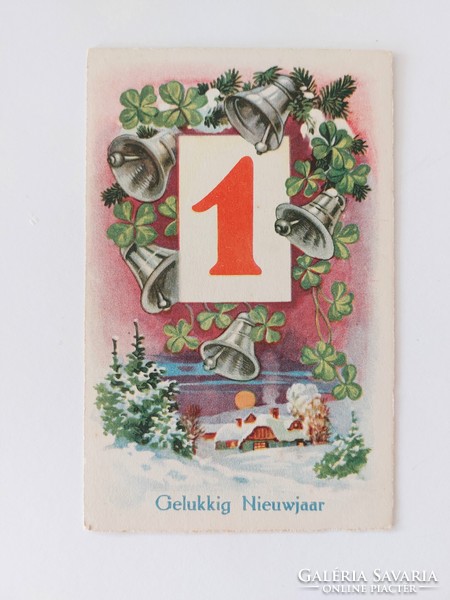 Régi újévi képeslap levelezőlap lóhere harang havas táj