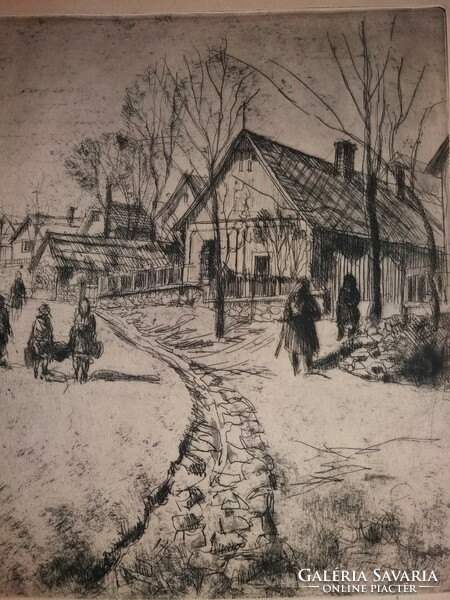 The work of István Élesdy (1912 - 1987) is an etching of village life without a frame according to the pictures