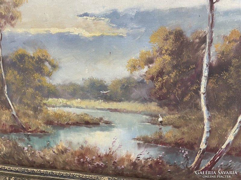 Antik tájkép festmény erdőbelső folyó szignós kép blondel keretben
