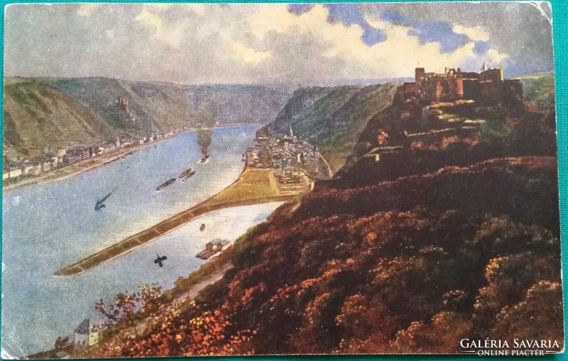 Antique landscape, panorama postcard, Rheinfels Castle, Germany, art, ran