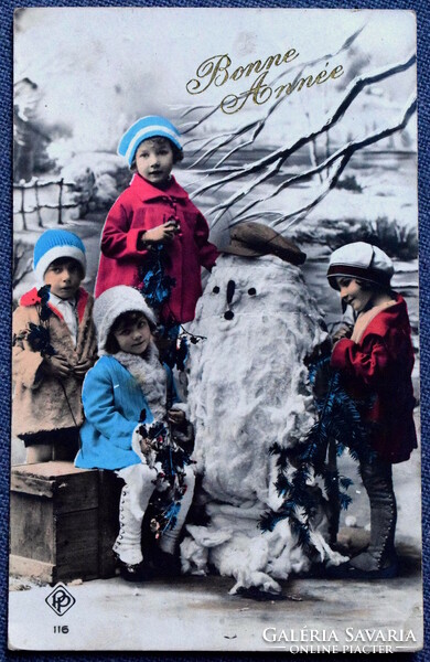 Antique New Year greeting photo postcard - small children with cotton wool snowman