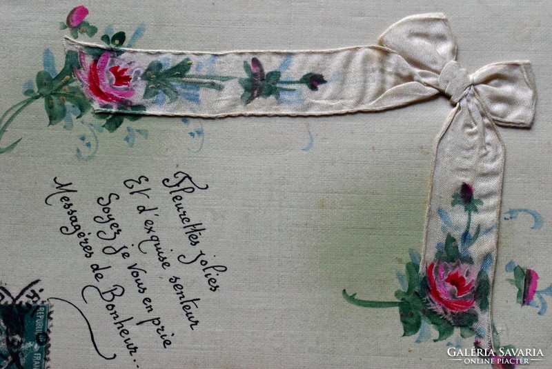 Antik kézzel selyemszalagra festett üdvözlő rózsás képeslap -    1915ből