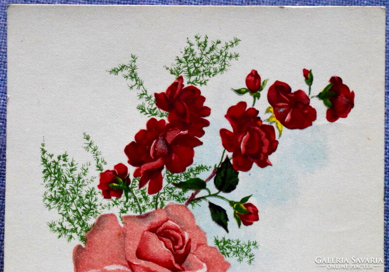Régi litho üdvözlő képeslap - rózsa csokor