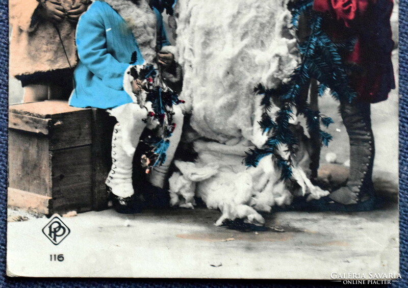 Antik Újévi üdvözlő fotó képeslap  -   kisgyerekek vatta hóemberrel