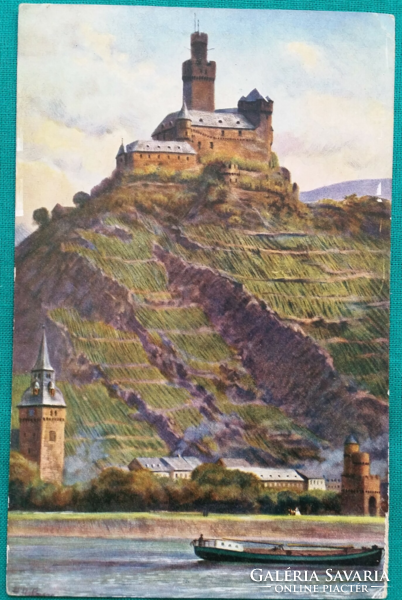 Antik képeslap, Marksburg, Németország, tájkép, művészet, postatiszta képeslap