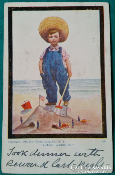 Antik Bernhardt Wall illusztráció,  az "ifjú amerikai" , futott képeslap