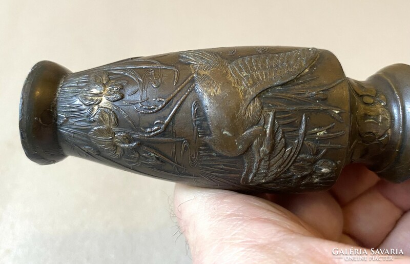 Antique Asian pewter vase with bird and reed decoration 9 cm