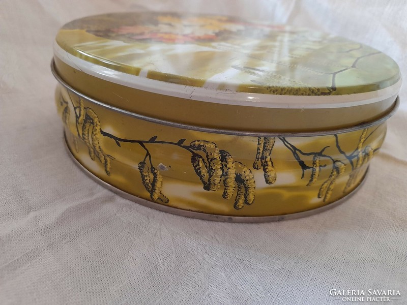 Old floral metal round cookie box, spring/Easter decor