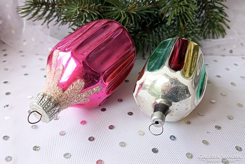 Régi üveg csíkos és rózsaszín lampion karácsonyfa dísz 8-9.5cm darabonként