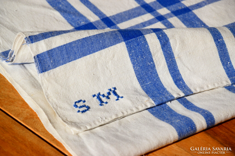Régi Népi Len Vászon kézzel szőtt kék csíkos terítő asztalterítő abrosz SM Monogram 125 x 118