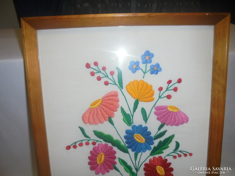 Kalocsai embroidered picture, wall decoration in a frame, under glass - bouquet of flowers