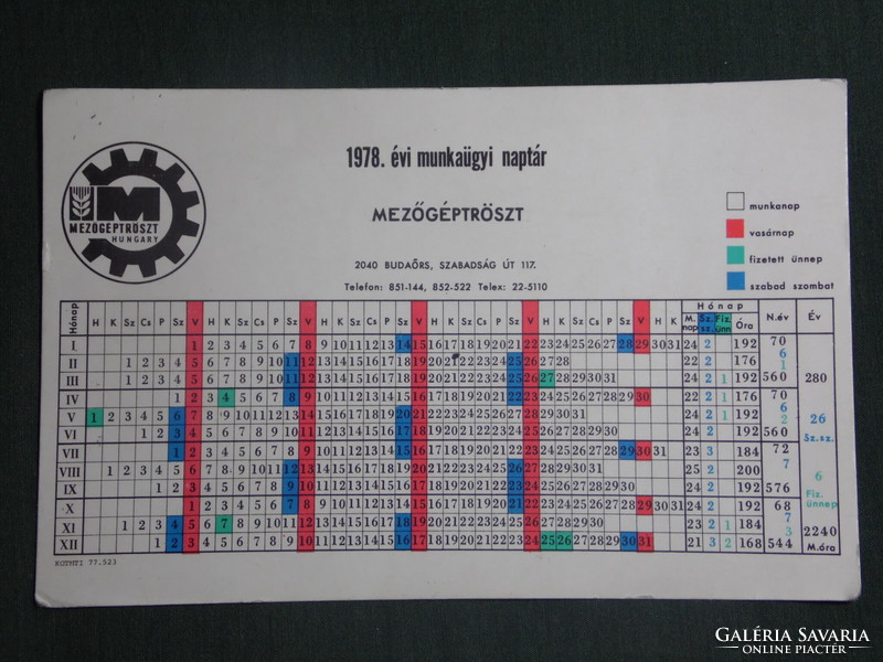 Kártyanaptár,Mezőgéptröszt, Budaőrs munkaügyi naptár,1978