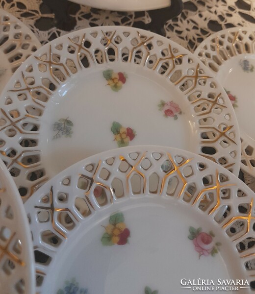 Old Czech porcelain dessert set with a small flower pattern with openwork edges