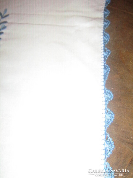 Beautiful antique Kalocsa tablecloth, hand-embroidered with traditional blue thread and crocheted on the edge