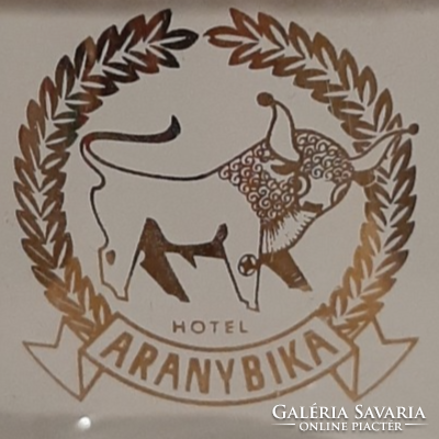 Glass cup with Grand Hotel Golden Bull Debrecen logo and inscription