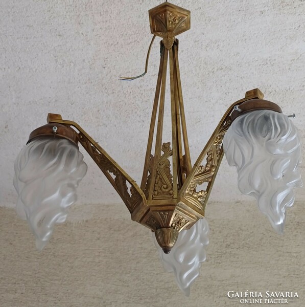 Beautiful art nouveau, art deco brass chandelier with bulbs.
