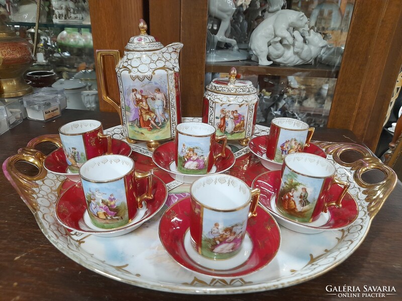 Alt Wien hand-painted, gilded hinge, scenic porcelain coffee and tea cup set, with tray.