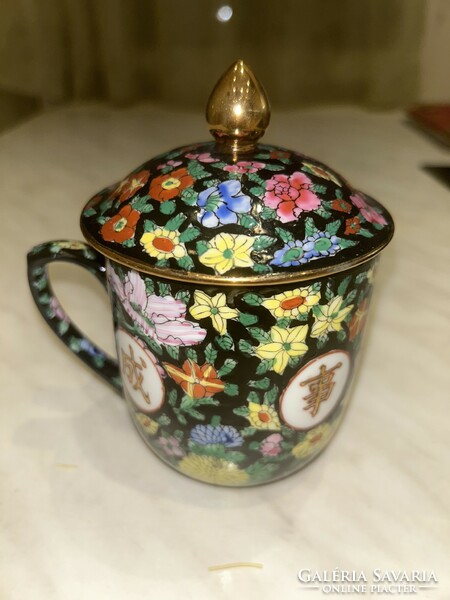 Hand-painted, lidded, gilded tea cup