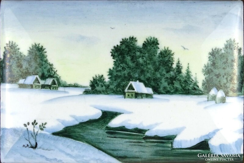1P224 old framed small hand-painted winter landscape enamel picture 8.5 X 12 cm